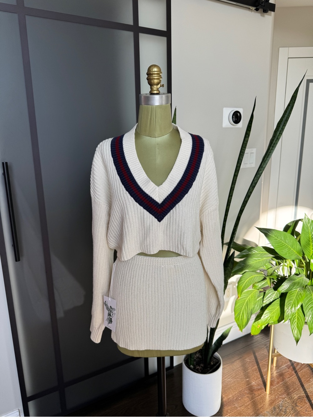 NWT GUZIO x Champion Varsity Knit Sweater Skirt Set Cream M/L